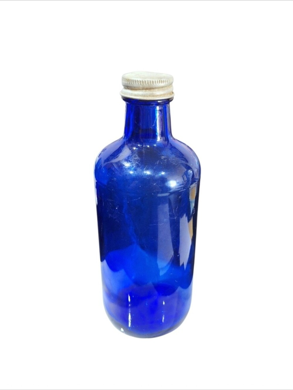 Vintage Cobalt Blue Glass Bottle with Metal Cap